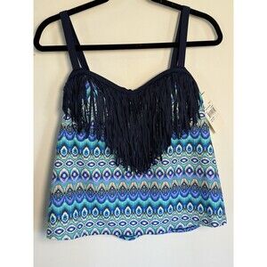 Women's Plus Size 0X  14/16 Costa Del Sol  Fringed Swim Tankini Top blue New